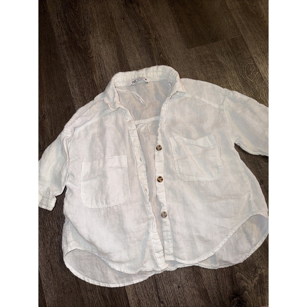 Zara Linen Blend Button Front Short Sleeve Shirt - Size S